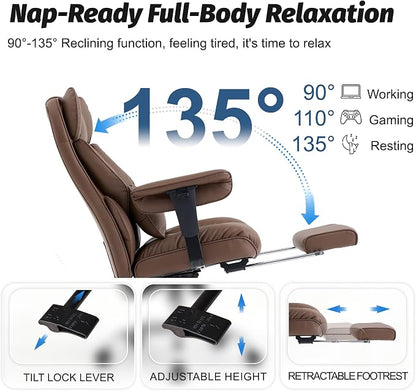 Efomao Executive Office Chair 400lbs,Brown Big and Tall Desk Chair | Mattress-grade pocket spring cushion, sleek leather, 135° recline & footrest for computer gaming setup.