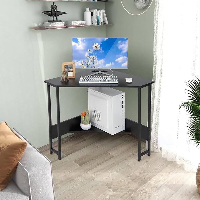 COSTWAY Corner Computer Desk, with USB Ports & Power Outlet, Storage Shelf for Small Space, Triangle Steel Frame Corner Desk for Home Office, Workstation (Black)
