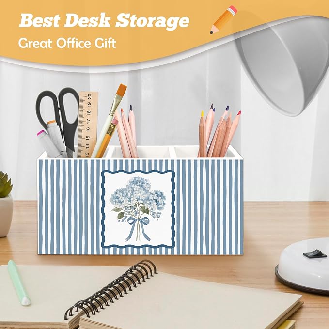 Blue Hydrangea Floral Pen Holder Organizer for Desk Accessories, Floral Office Decor, Blue Striped Cottagecore Botanical Hydrangea Flower Wooden Box Sign Desk Decorations for Home Office Decor