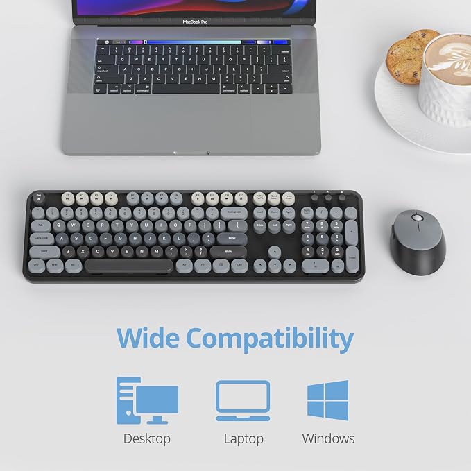 Guffercty kred Colorful Grey Wireless Keyboard and Mouse Combo, Retro Typewriter Wireless Full-Size Cute Office Keyboard 2.4GHz with Round Keycaps for Desktop Laptop and PC(Gradient Black)