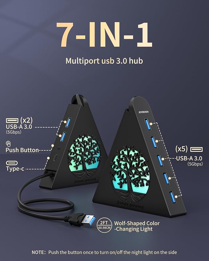 7-Port USB 3.0 Hub, Vertical USB Hub Splitter with RGB Lighting, 5Gbps High-Speed Data Transfer and 2FT Extension Cable, Compatible with Laptop, PC, Desktop, MacBook, PS5, Xbox, Flash Drive