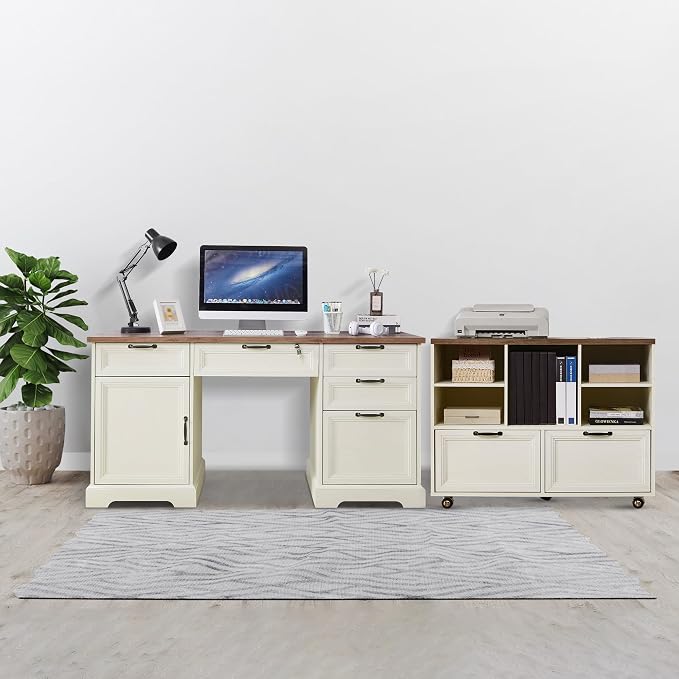 60" Farmhouse Executive Desk with 40" Mobile File Cabinet,L Shaped Desk Set with Charging Station,Office Desk with Storage Drawers,Wood Computer Desk Set for Office Work,Home Study