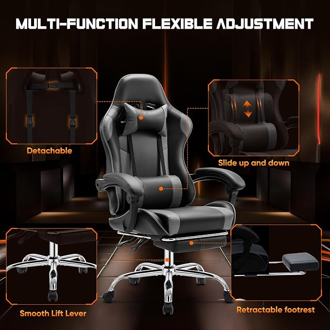Sweetcrispy Computer Gaming Chair with Footrest, Ergonomic High Back PU Leather Video Racing Chair with Adjustable Headrest & Linkage Armrest, for Office and Home, Adults, Grey