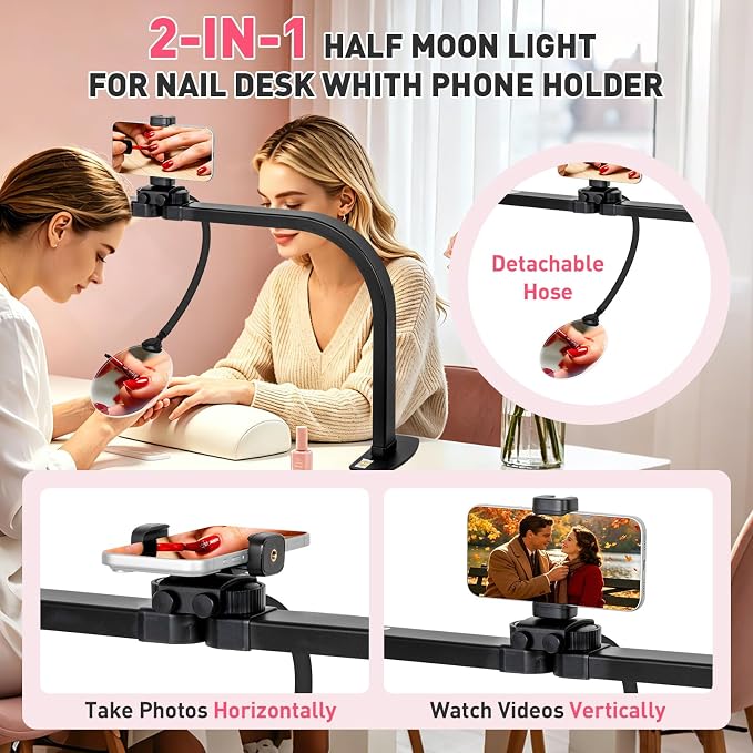 HITTI LED Half Moon Nail Desk Lamp, 30" Foldable Arch Light with 5X Magnifier & Phone Holder for Manicure, Handicraft, Art, Eyelash Extensions - Adjustable Brightness, 3 Color Modes, Home & Salon