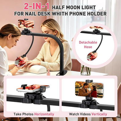 HITTI LED Half Moon Nail Desk Lamp, 30" Foldable Arch Light with 5X Magnifier & Phone Holder for Manicure, Handicraft, Art, Eyelash Extensions - Adjustable Brightness, 3 Color Modes, Home & Salon