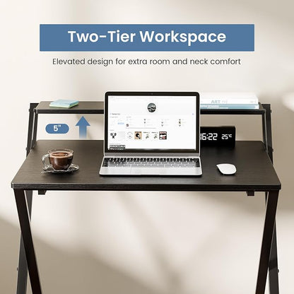 DUMOS Small Folding Desk with Shelf, No-Assembly Foldable Computer Desk for Tight Spaces, Portable Table for Bedroom, Home Office, Dorm or Apartment, Ink