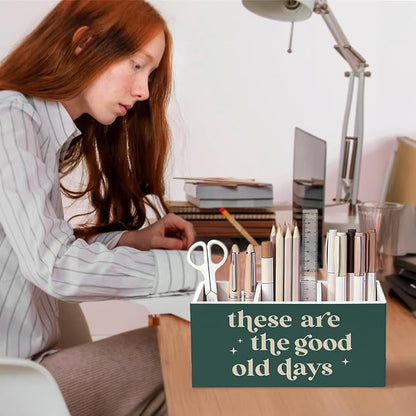 Green Inspirational Pen Pencil Holder for Desk, Motivational Inspirational Gifts, These Are the Good Old Days Positive Affirmation Wooden Box Sign Decorations for Home Office Desk Tabletop