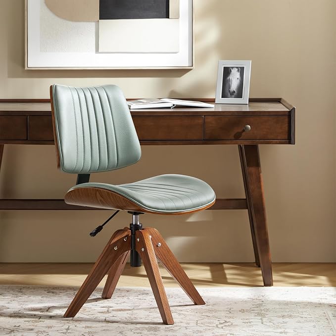 HULALA HOME Faux Leather Home Office Chair with Solid Wood Legs, 360° Swivel Desk Chair No Wheels with Bentwood Design, Mid-Century Modern Wide Seat Computer Task Chair, Sage