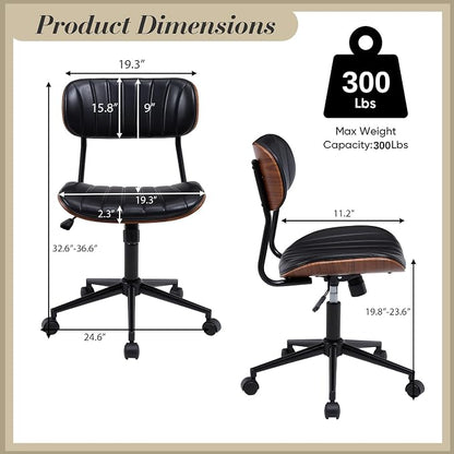 Modern Walnut Home Office Chair，Adjustable Height Desk Chair with Wheels，Armless Computer Chair for Office, Reading Meeting Room, Black