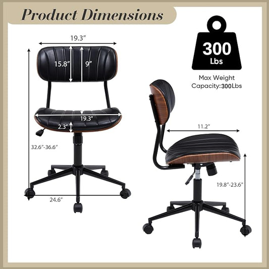 Modern Walnut Home Office Chair，Adjustable Height Desk Chair with Wheels，Armless Computer Chair for Office, Reading Meeting Room, Black