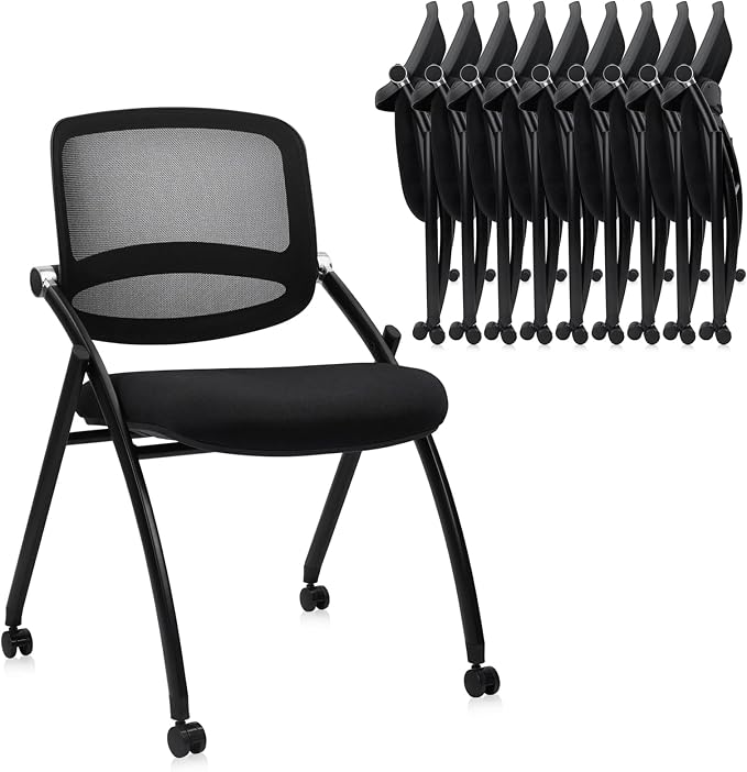 CLATINA Stackable & Foldable Conference Chair with Wheels, Ergonomic Mesh Back,300lbs Capacity, Breathable Padded Seat, Armless Office Chair for Reception, Training, Home Office, Black, 10PK