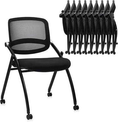 CLATINA Stackable & Foldable Conference Chair with Wheels, Ergonomic Mesh Back,300lbs Capacity, Breathable Padded Seat, Armless Office Chair for Reception, Training, Home Office, Black, 10PK