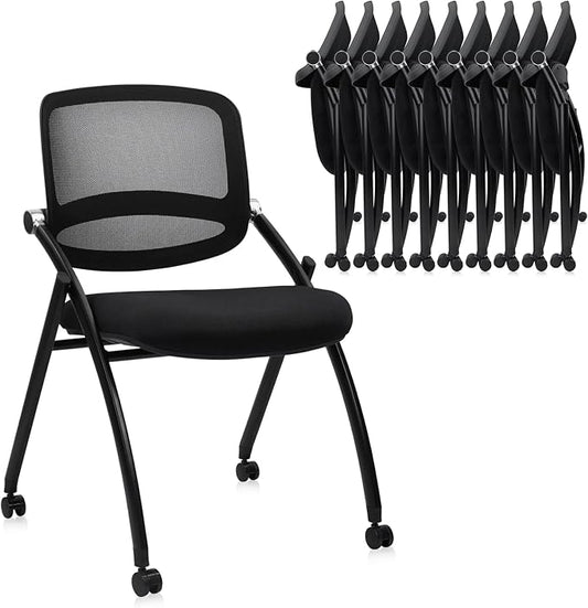CLATINA Stackable & Foldable Conference Chair with Wheels, Ergonomic Mesh Back,300lbs Capacity, Breathable Padded Seat, Armless Office Chair for Reception, Training, Home Office, Black, 10PK