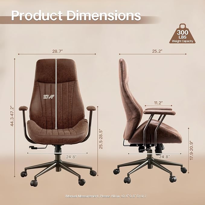 HOOOWOOO Faux Suede Leather Home Office Desk Chair,MCM Modern Ergonomic Task Work Chair,Computer Gaming Chair with Cushion Seat Lumbar Support Reclining High Back for Long Hours(Chocolate Brown)