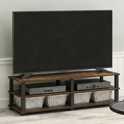Furinno Turn-S-Tube Toolless Assembly 3-Tier TV Stand, Entertainment Center for TV up to 55 Inch, Wide Printer Stand with Storage Shelf, for Living Room, Bedroom, Amber Pine