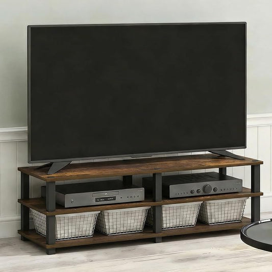 Furinno Turn-S-Tube Toolless Assembly 3-Tier TV Stand, Entertainment Center for TV up to 55 Inch, Wide Printer Stand with Storage Shelf, for Living Room, Bedroom, Amber Pine