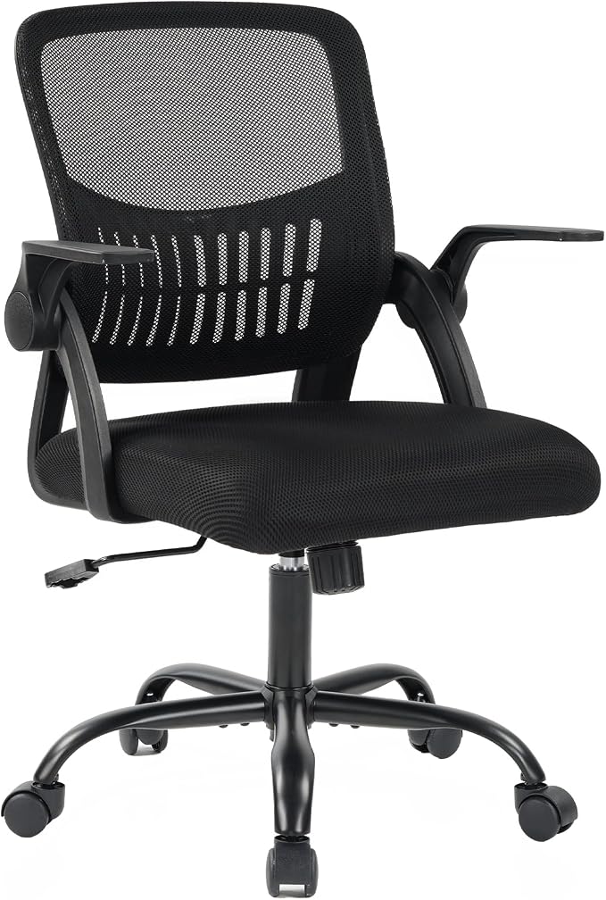 DUMOS Home Office Computer Chair - Ergonomic Mid Back Desk with Lumbar Support and Rocking Mode, Height Adjustable with Flip-up Armrest, for Conference Meeting Room, 360° Swivel, Adults, Black