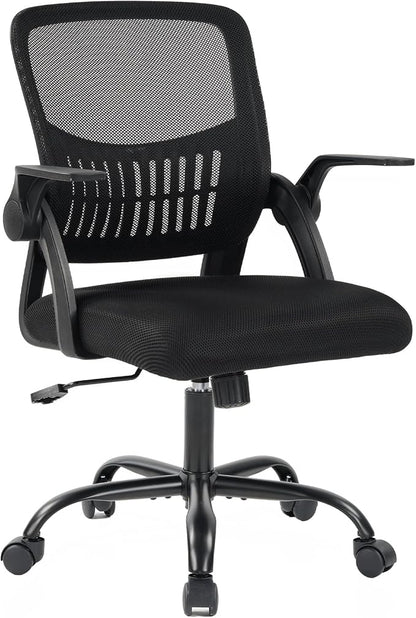 DUMOS Home Office Computer Chair - Ergonomic Mid Back Desk with Lumbar Support and Rocking Mode, Height Adjustable with Flip-up Armrest, for Conference Meeting Room, 360° Swivel, Adults, Black