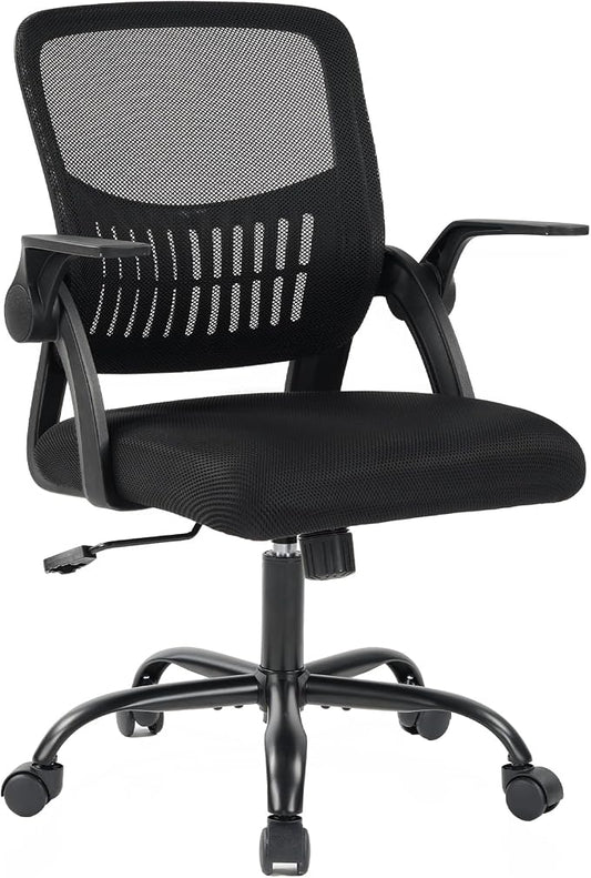DUMOS Home Office Computer Chair - Ergonomic Mid Back Desk with Lumbar Support and Rocking Mode, Height Adjustable with Flip-up Armrest, for Conference Meeting Room, 360° Swivel, Adults, Black