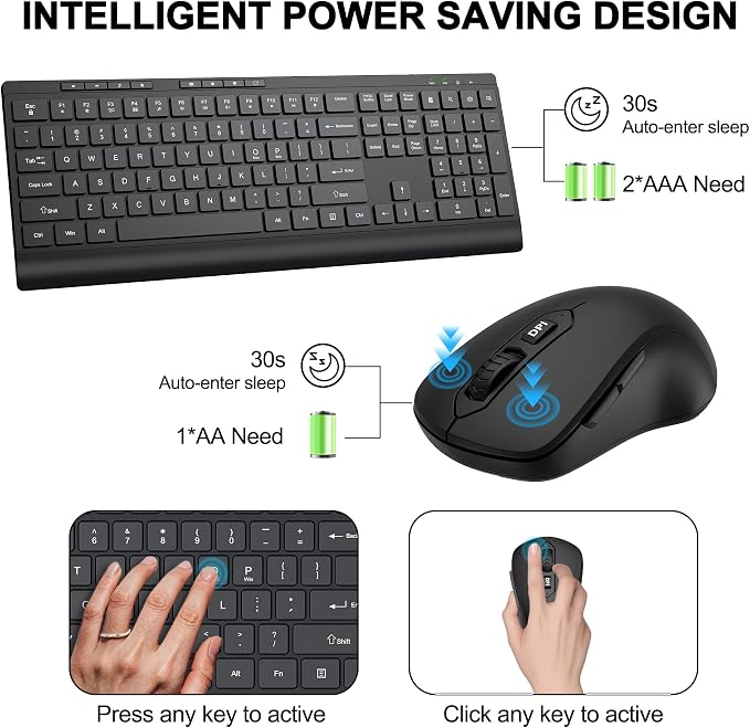Wireless Keyboard and Mouse Combo, Full Size Quiet Key Computer Keyboard and Cordless Mice with 3 DPI Adjustable, 2.4G Lag-Free, Long Battery Life, Compatible with Windows and Mac Systems, Black