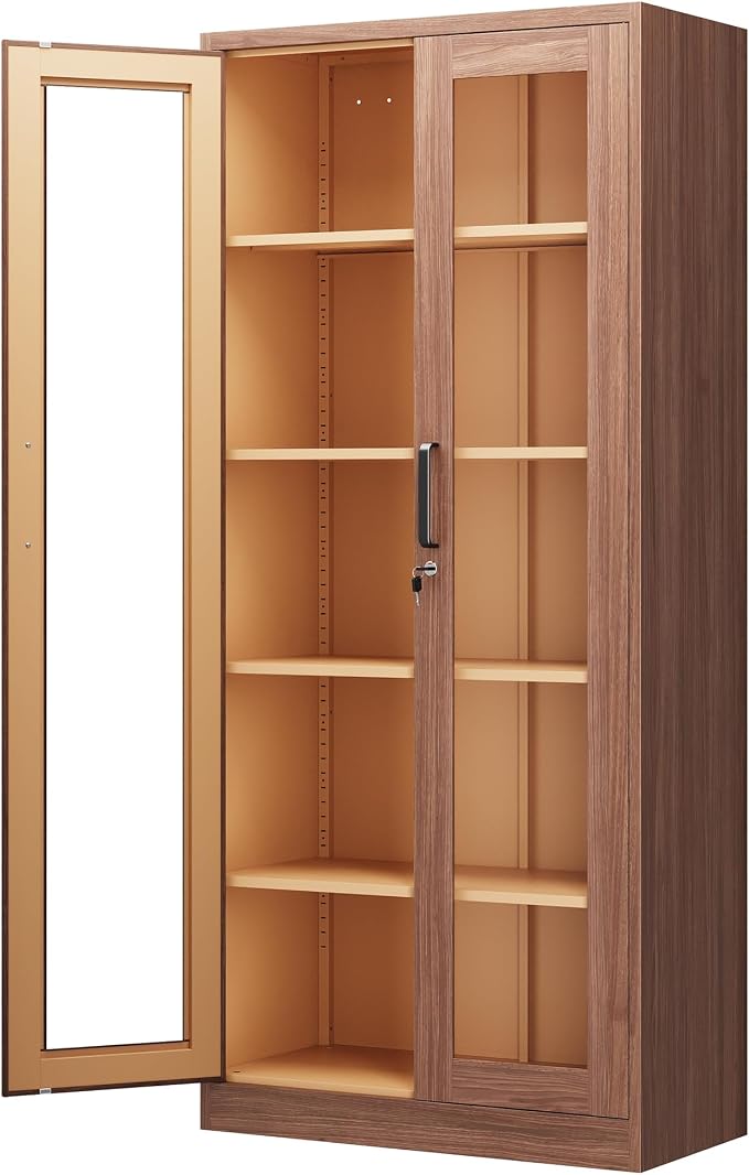 PEUKC Display Cabinet with Glass Doors, 71 Inches Metal Display Case with 4 Adjustable Shelves, Curio Storage Cabinet with Lock for Home, Office, Book, Pantry, Assemble Required (Wood Color)