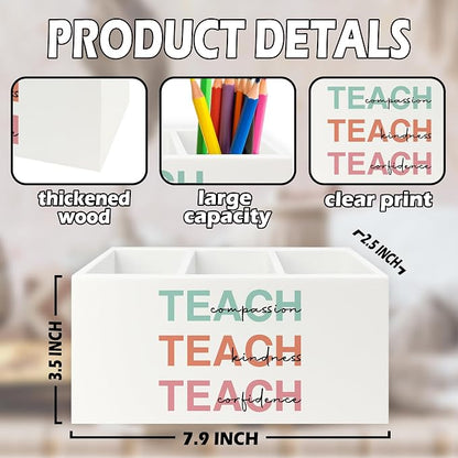 Teacher Pen Pencil Holder Organizer for Desk, Teacher Appreciation Gifts, Teach Compassion Kindness Confidence Wooden Box Sign for Classroom Office Workplace Desk Tabletop Decorations