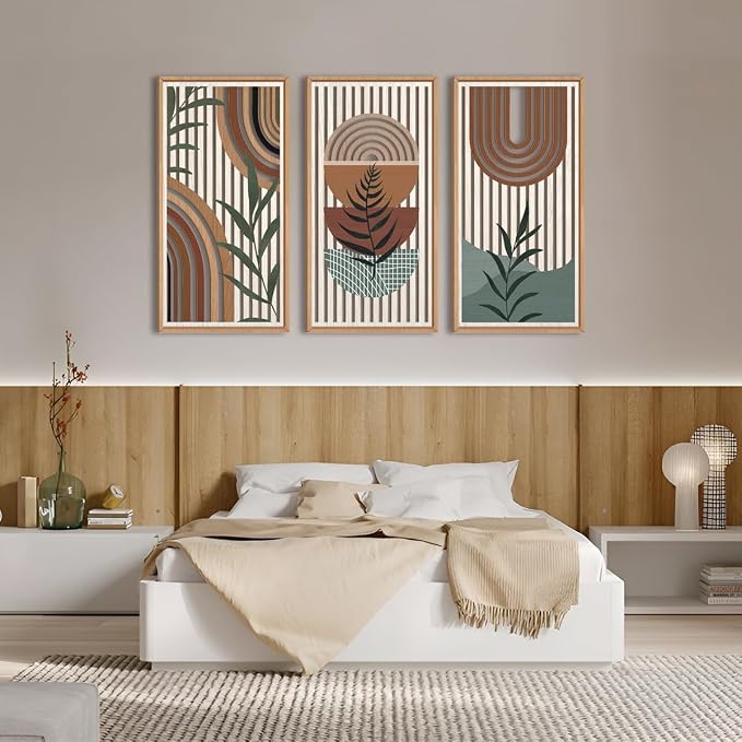 IARTTOP Framed Boho Mid-century Modern Wood Wall Art 16x32 Inch Large Bohemian Abstract Geometric Wooden Wall Decor Minimalist Brown Green Plant Decor for Bedroom Living Room Dining room Set of 3