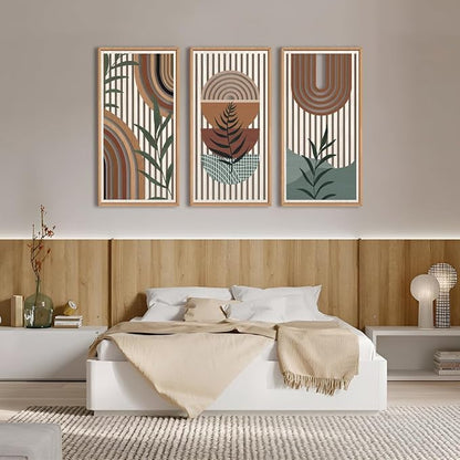 IARTTOP Framed Boho Mid-century Modern Wood Wall Art 16x32 Inch Large Bohemian Abstract Geometric Wooden Wall Decor Minimalist Brown Green Plant Decor for Bedroom Living Room Dining room Set of 3