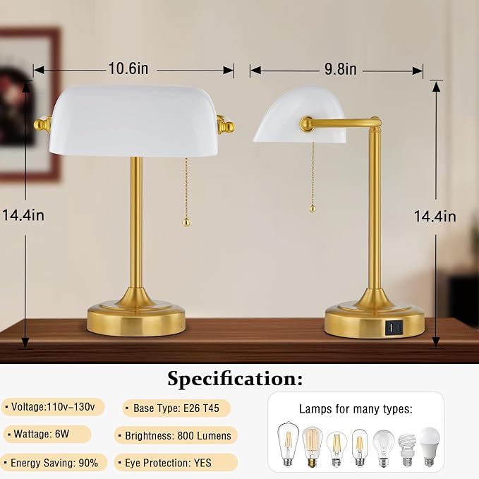 Vintage Desk Lamp Bankers Lamp - Plastic Lampshade Retro Table Lamp with USB & Type C Charging Ports Traditional Library Lamp for Home Office Nightstand Bedroom Side Table Lamp(T45 Bulb Included)