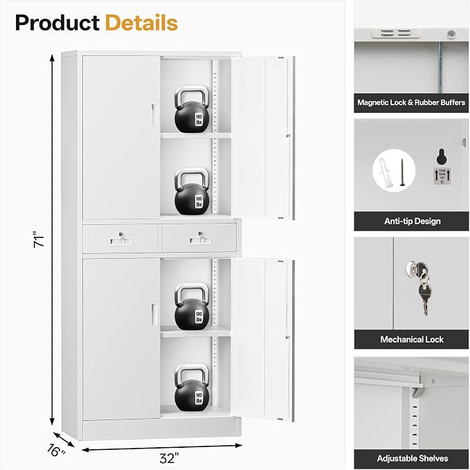 Metal Storage Cabinet with 2 Drawers 71" H,White Metal Garage Cabinets with 2 Lockable Doors and Adjustable Shelves, Locking Cabinet for Home Office,Pantry,Garage,Warehouse