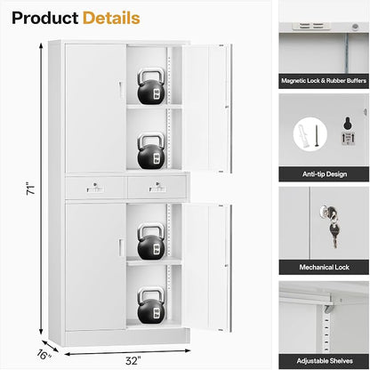 Metal Storage Cabinet with 2 Drawers 71" H,White Metal Garage Cabinets with 2 Lockable Doors and Adjustable Shelves, Locking Cabinet for Home Office,Pantry,Garage,Warehouse