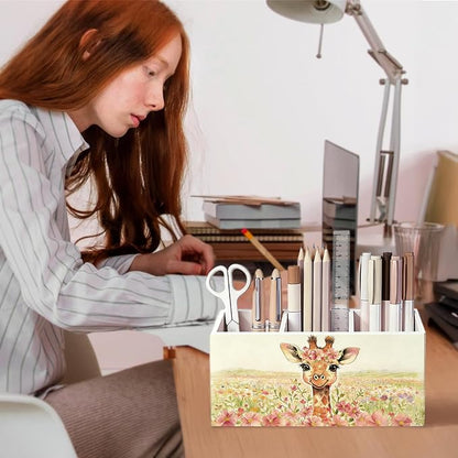 Giraffe Cottagecore Flower Pen Pencil Holder for Desk, Giraffe Gifts for Women, Animal Lovers Gifts Wooden Box Sign Decorations for Girls Room Bedroom Home Office Desk Tabletop