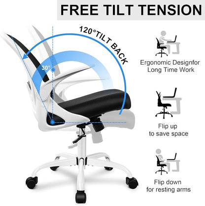 Primy Office Chair Ergonomic Desk Chair with Adjustable Lumbar Support and Height, Swivel Breathable Desk Mesh Computer Chair with Flip up Armrests for Conference Room(White)