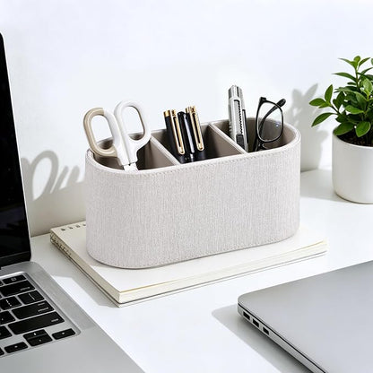 Aesthetic Remote Control Holder, PU Leather Remote Holder Desktop Organizers with 3 Compartments for Home Office Supplies and Accessories, Stylish Bedside Nightstand Organizer (Linen)