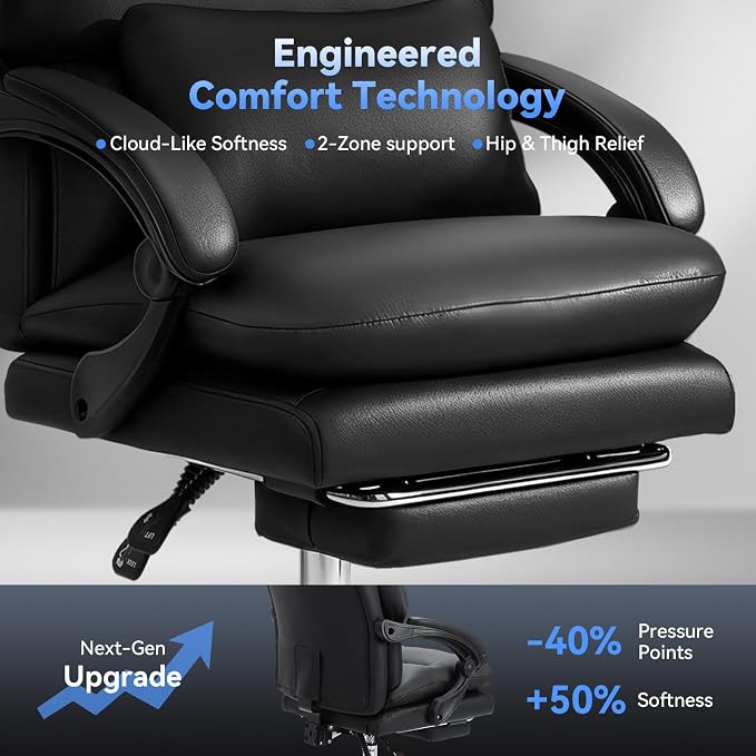 Holiwei Office Chair with Footrest, Big and Tall 400lbs Executive Desk Chair with Thickened Lumbar Support Pillow, High Back PU Leather Reclining Computer Chair, Ergonomic Swivel Task Chair, Black