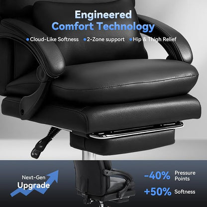 Holiwei Office Chair with Footrest, Big and Tall 400lbs Executive Desk Chair with Thickened Lumbar Support Pillow, High Back PU Leather Reclining Computer Chair, Ergonomic Swivel Task Chair, Black