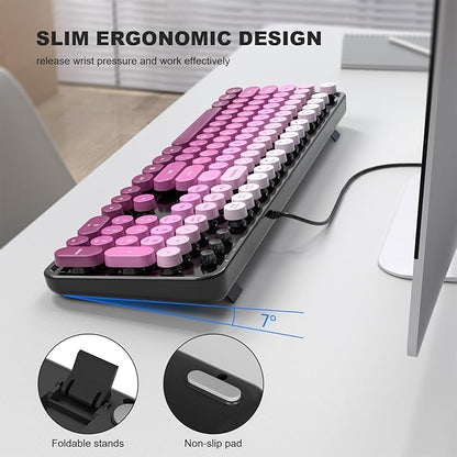 MOWUX Computer Keyboard Wired, Plug and Play USB Retro Round Typewriter Keyboard, Full Size Wired Keyboard with Foldable Stands for Laptop and Office PC- Black Pink Gradient