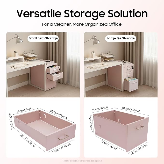 3-Drawer Metal File Cabinet, Mobile File Cabinet with Lock, Rolling Vertical Filing Drawers Under Desk for Home Office, 11 * 16 * 18.3in (Light Pink)
