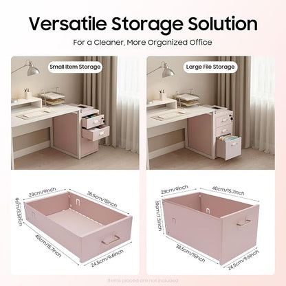 3-Drawer Metal File Cabinet, Mobile File Cabinet with Lock, Rolling Vertical Filing Drawers Under Desk for Home Office, 11 * 16 * 18.3in (Light Pink)