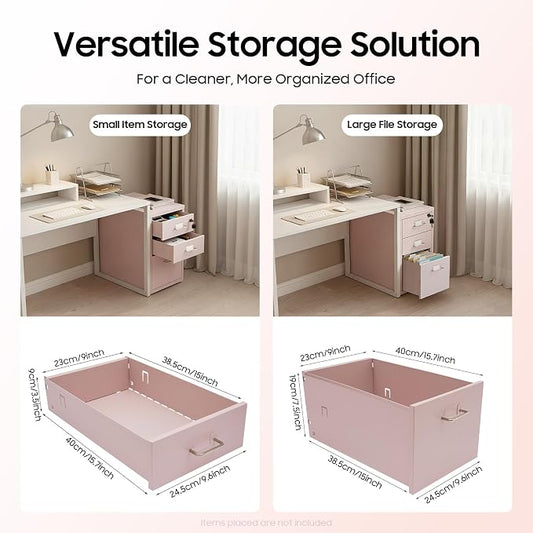 3-Drawer Metal File Cabinet, Mobile File Cabinet with Lock, Rolling Vertical Filing Drawers Under Desk for Home Office, 11 * 16 * 18.3in (Light Pink)
