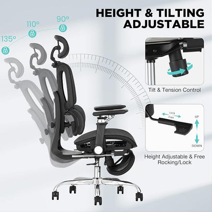 Ergonomic Office Chair with 3-Zone Dynamic Lumbar Support, Big and Tall Office Chair with Footrest, Adjustable Seat Depth,4D Headrest,6D Armrests, Swivel Executive Chair for Home Office,Black