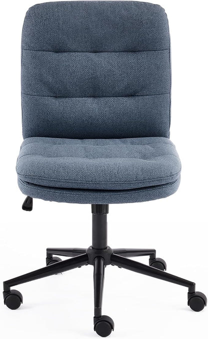 VINGLI Mid Back Armless Office Desk Chair with Wheels/no Wheels,360°Rocking Swivel Vanity Chair with Thickened Cushion,Adjustable Height Rolling for Reading Room, Make up, Linen Navy Blue
