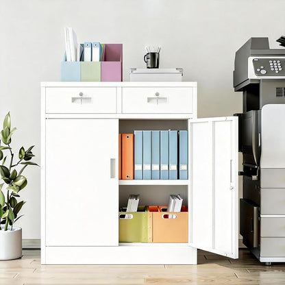 BESFUR Metal Storage Cabinet, Locking Storage Cabinet with Doors and Shelves, Reinforced Heavy Duty Metal Cabinets with Drawers for Office, Home, Garage (White)