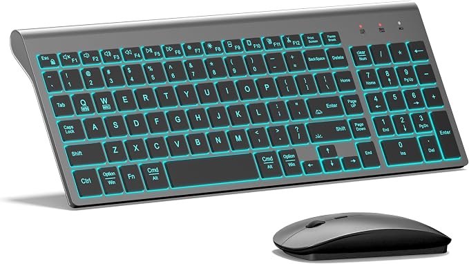 TopMate Wireless Backlit Keyboard and Mouse Ultra Slim Combo, 2.4G Silent Compact 2400DPI Mouse and Scissor Switch Keyboard Set, Batteries Included, for PC/Laptop/Windows/Mac/Gaming - BL Gray Black