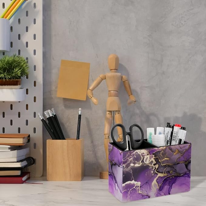 Niapessel Pencil Holder for Desk, Purple Golden Marble Pen Holder Storage Desktop Pen Organizer Desk Pencil Organizer Makeup Brush Holder for Office School College Leather