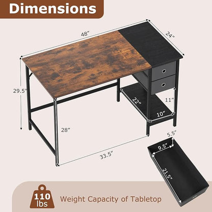 Giantex 48" Computer Desk with 2 Fabric Drawers, Industrial Home Office Desk with Open Storage Shelf, 2-Toned Finish & Metal Frame, Gaming Study Writing Table for Small Space, Bedroom, Rustic Brown