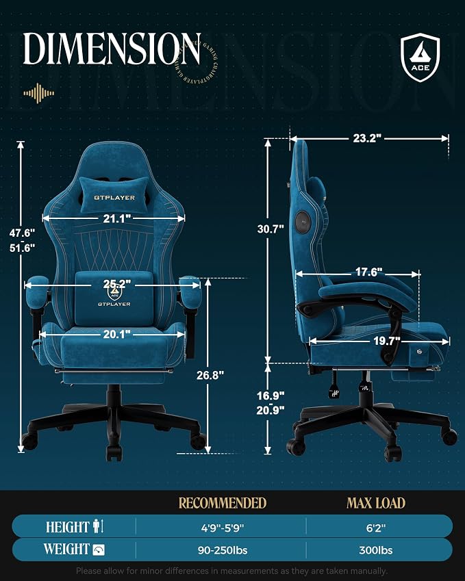 GTPLAYER Gaming Chair with Speakers, Video Game Chairs with Footrest, PC Gamer Chairs for Adults - Padded High Back Ergonomic Reclining Silla Gamer, Linkage Armrest, Ace Pro, Blue (Velvet)
