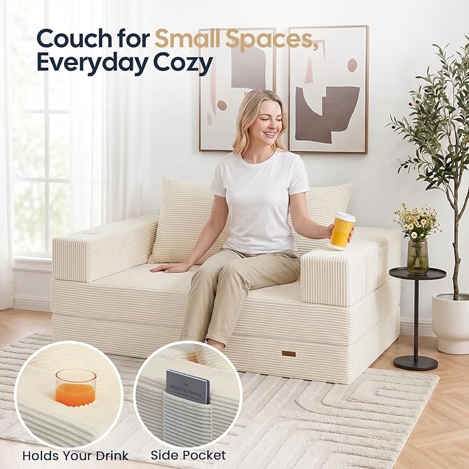 COMAX Futon Sofa Bed, 4‑in‑1 Convertible Sofa Bed, Folding Boneless Couches | Boneless Couch for living room, Fold Out Small Foldable Loveseat Floor Sleeper Mattress Lounge Space‑Saving, Beige