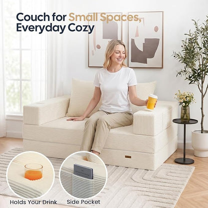COMAX Futon Sofa Bed, 4‑in‑1 Convertible Sofa Bed, Folding Boneless Couches | Boneless Couch for living room, Fold Out Small Foldable Loveseat Floor Sleeper Mattress Lounge Space‑Saving, Beige