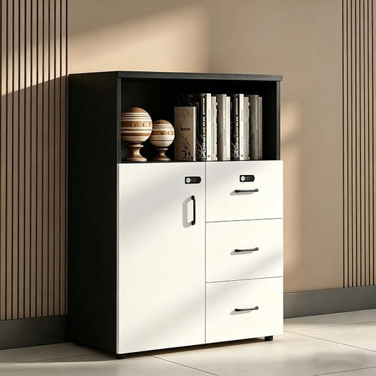 File Cabinet with Password Lock, Wood Lateral Filing Cabinet for Letter/A4 Files, 3 Drawer with Door, Printer Stand with Open Shelves for Home Office